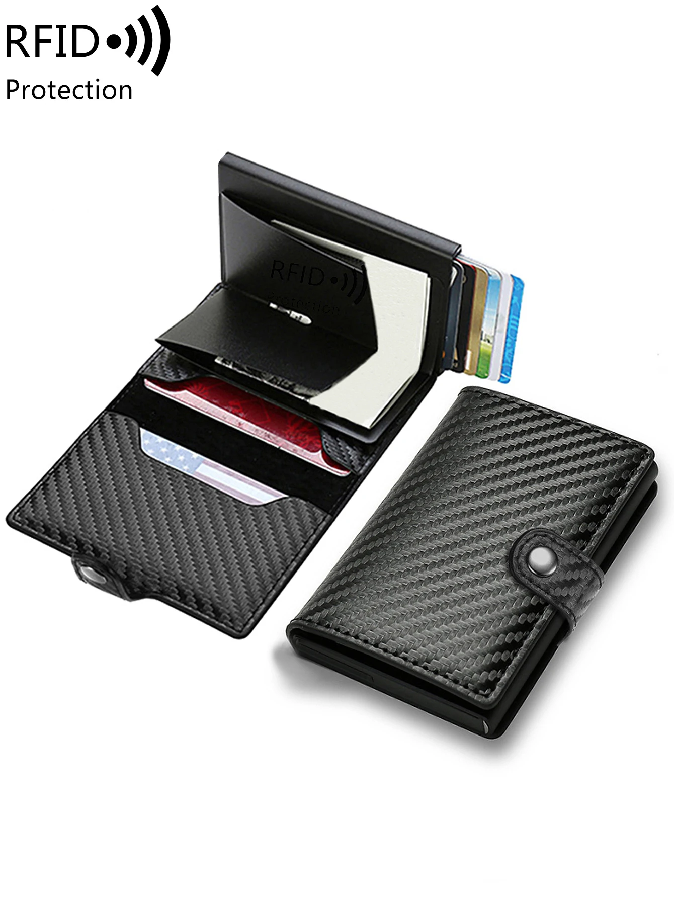 Carbon fiber ultra-thin aluminum alloy RFID men's wallet mini double fold wallet automatic pop-up bank card holder