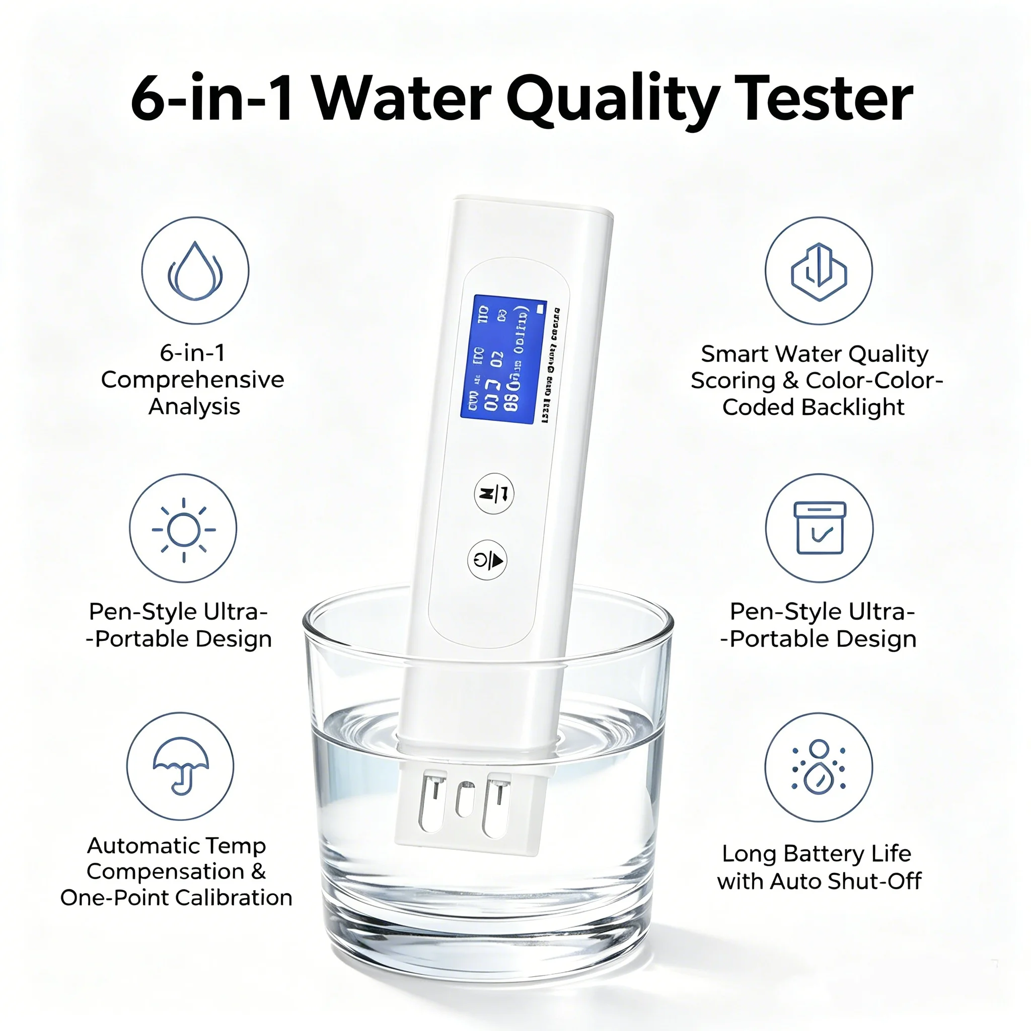 

6-in-1 Water Quality Tester TDS TOC COD UV275 EC Temp Meter for Drinking Water Hydroponics Aquariums Industrial Use