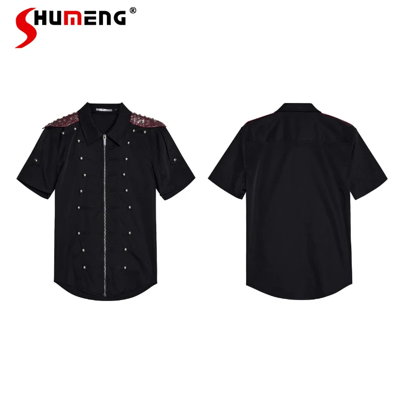 

Fashion Short Sleeve Shirts Men's 2026 New Splicing Faux Leather Rivet Zipper Shirts Male Handsome Color Matching Stylish Tops
