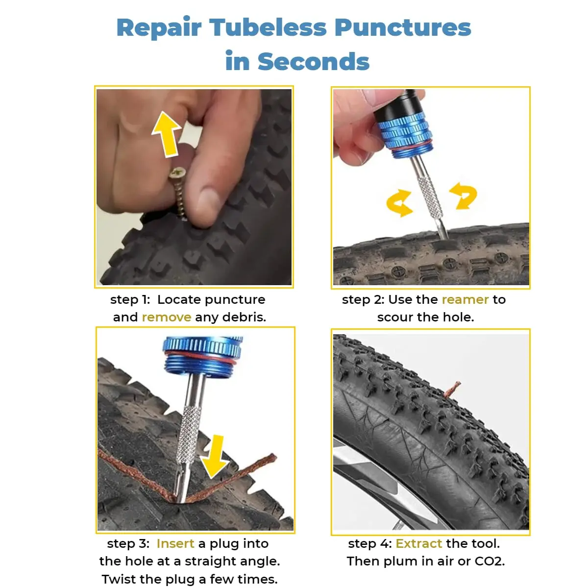 Tubeless Bike Tire Repair Kit - Portable Bicycle Puncture Tool Set – Compact Multi-Tool with Stainless Steel Reamer & Plugger view 4