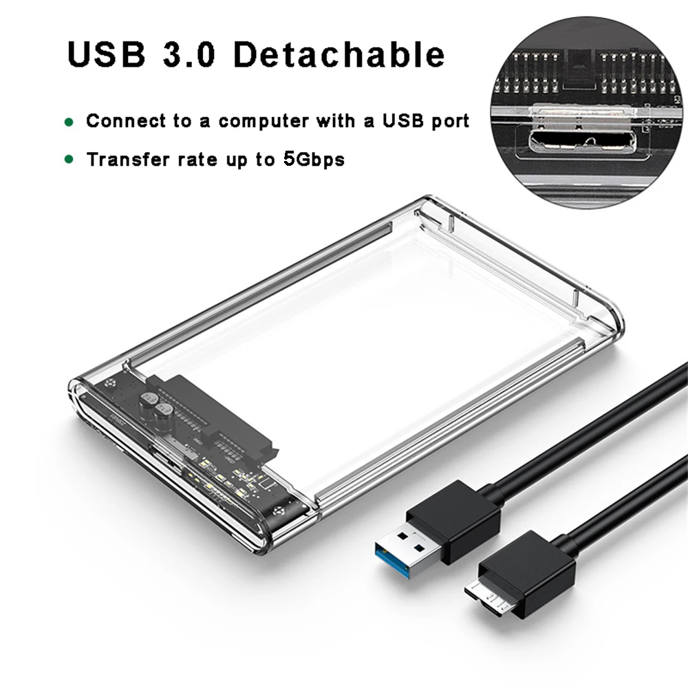 Obudowa USB 3.0 na dysk twardy 2.5 cala SATA SSD z prędkością transferu 5 Gbps, mobilna zewnętrzna obudowa dysku, kabel. — zdjęcie 2