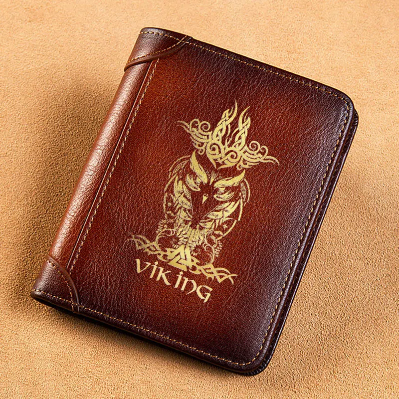 

Vintage Golden Viking Owl Symbol Cover Genuine Leather Men Wallets Short Card Holder Purse Trifold Men's Wallet