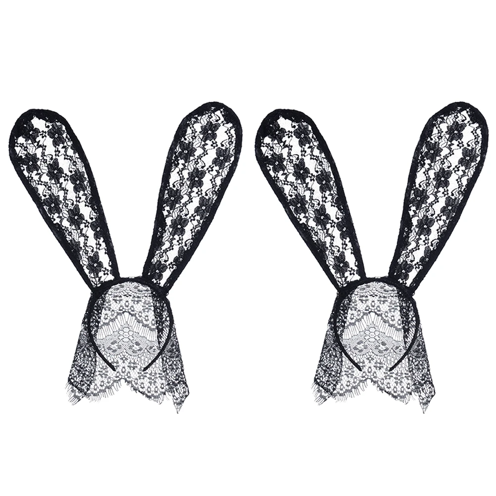 

2pcs Bunny Rabbit Ears Lace Veil Headband Mask Party Costume Accessory For Halloween Masquerade Birthday Club Wear Black
