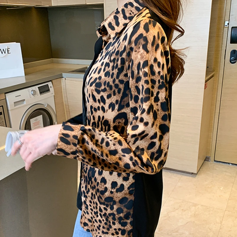 Fashion Leopard Contrast Stitching Ladies Shirts Blouses Casual Women Tops Female Woman Button Up Shirt Girl Long Sleeve Blouse