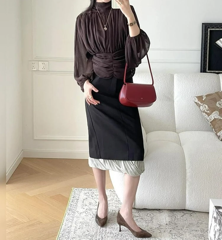 

Important Occasion Design Top Light Luxury High-end Coffee Pinch Pleated Shirt Women's Autumn