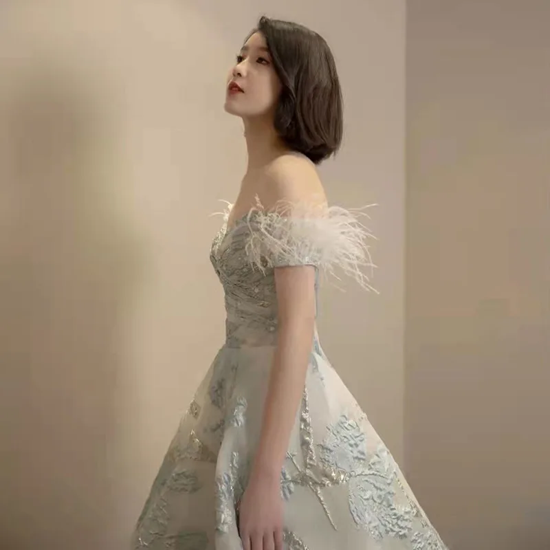 Light Blue One Shoulder Evening Dress 2025 New Spring Host Style Performance Vocal Art Exam Dress Annual Meeting Dress