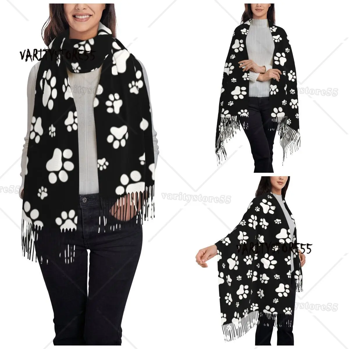 Women's Scarf with Tassel Cute Animal Paw Pattern Large Super Soft Shawl and Wrap Gifts Pashmina Scarves