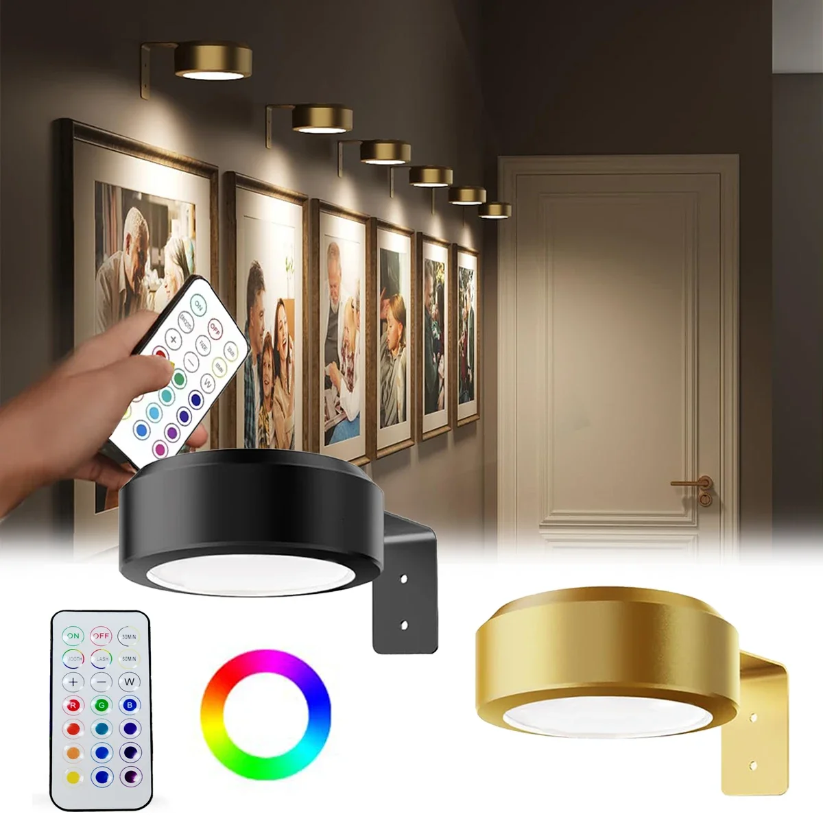 Controle remoto regulável led imagem luz montagem magnética mudança de cor alimentado por bateria iluminação de exibição de arte interior rgbw