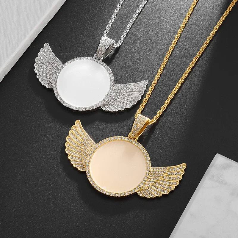 Hip Hop Angel Wings Round Medal Pendant Men Women Photo Box Necklace Travel Souvenir Gift