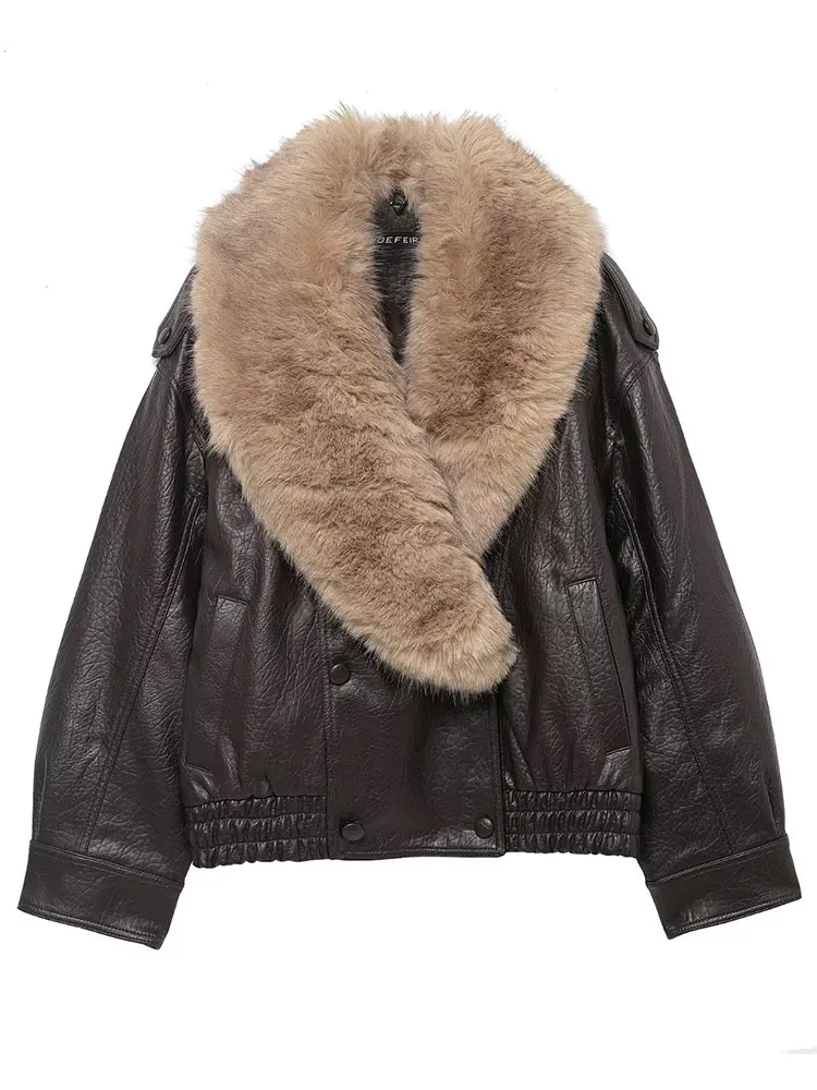 HH سترات نسائية عصرية عتيقة بياقة من الفرو الصناعي وأكمام طويلة سترة من الجلد الصناعي لخريف وشتاء 2025 ملابس خارجية للسيدات في الشارع العالي