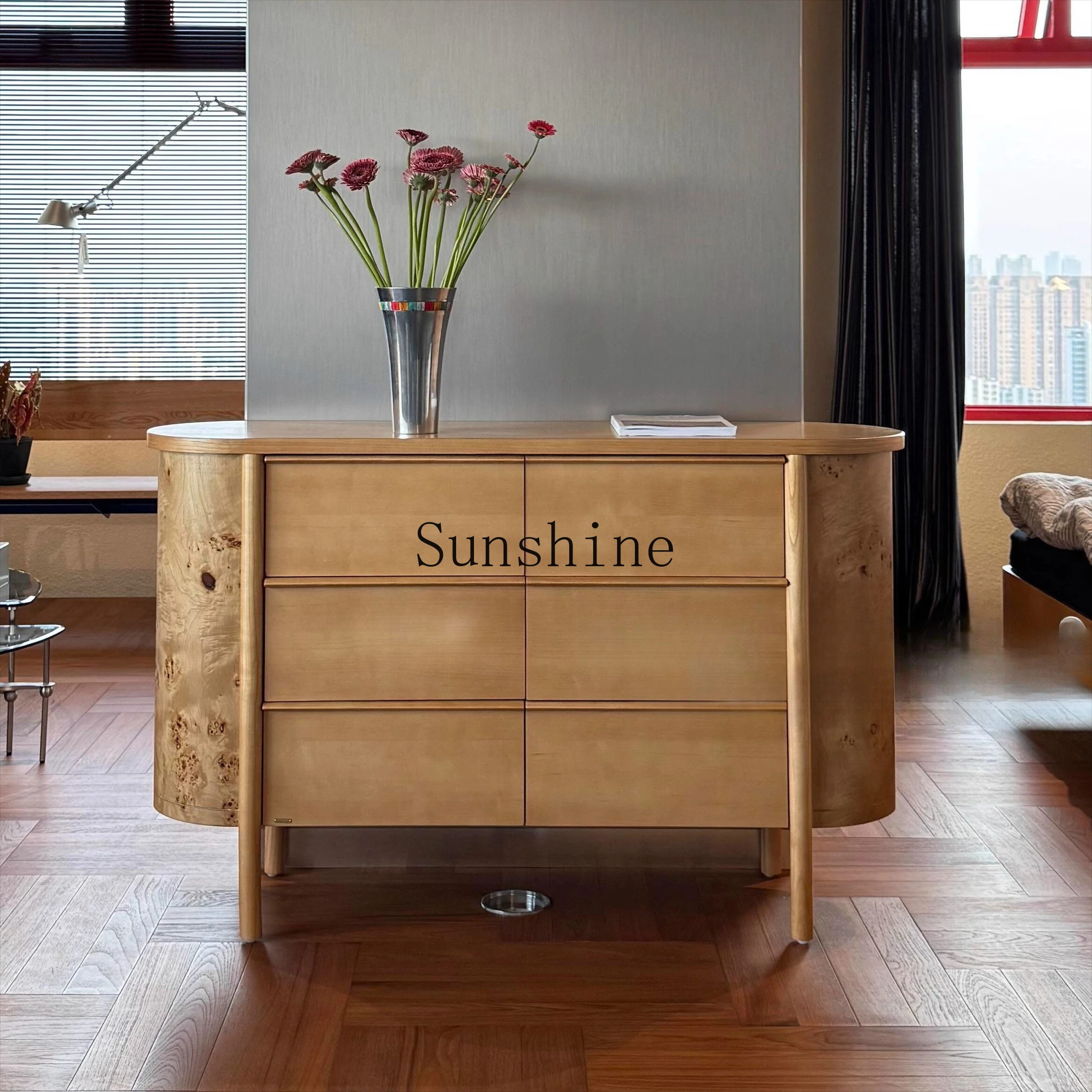 

Medieval log color rounded corner six bucket design wooden storage cabinet