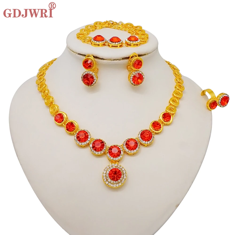 Luxus Dubai Gold Farbe Doppels chicht Halskette Schmuck Sets für Frauen afrikanischen Wasser tropfen Kristalls chmuck indischen Set Geschenke – Detail 21