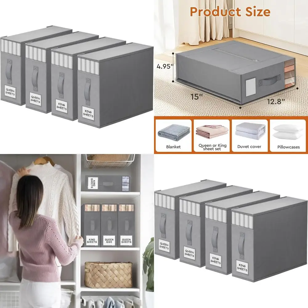 

Набор из 4 складных органайзеров для постельного белья с окном и этикетками - серый, для хранения постельного белья, одеял и пледов