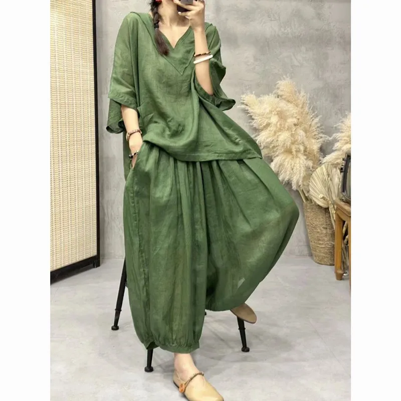 Loose Ramie Set For Women Large Size With Bat Sleeves V-Neck Thin Cotton Linen T-Shirt Casual Lantern Pants Two-Piece Set Summer