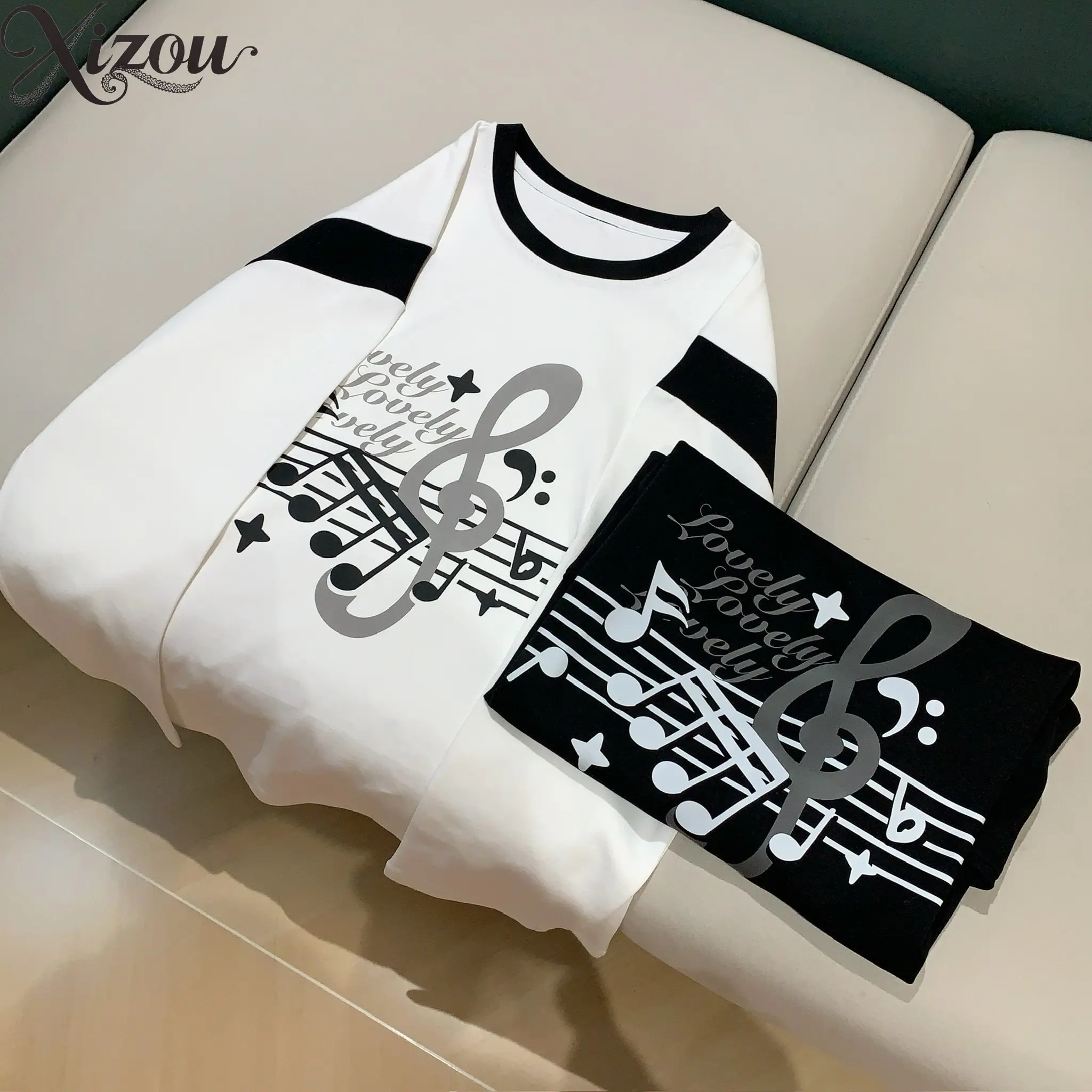 Music Note Graphic Print Long Sleeve T‑Shirt Contrast Color Patchwork Autumn Thin Casual Harajuku Bottom Tee Sweatshirt 2026