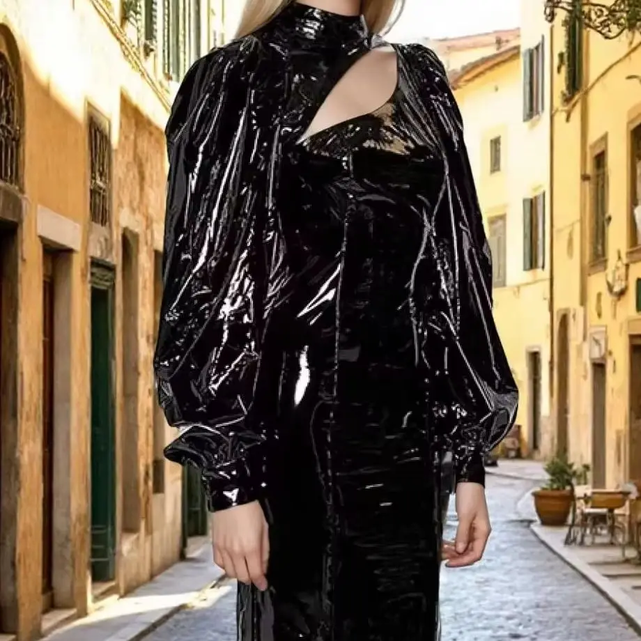 Damen Gothic Glänzendes Sexy Kunstleder-Kleid Ärmelloses Ausgeschnittenes Midi-Kleid Damen PU Partykleid Individuelle Anpassung Möglich