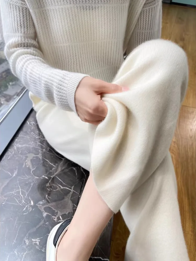 

Весна 202, женские вязаные шерстяные широкие брюки с высокой талией, повседневная прямая верхняя одежда длиной до пола с высокой талией