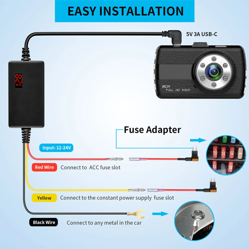 Nuevo Kit de cables duros para cámara de salpicadero con 8 Uds., juego completo de fusibles de circuito, protección de bajo voltaje, puerto tipo C de 12V-24V a 5V, Kit de cables duros 3A