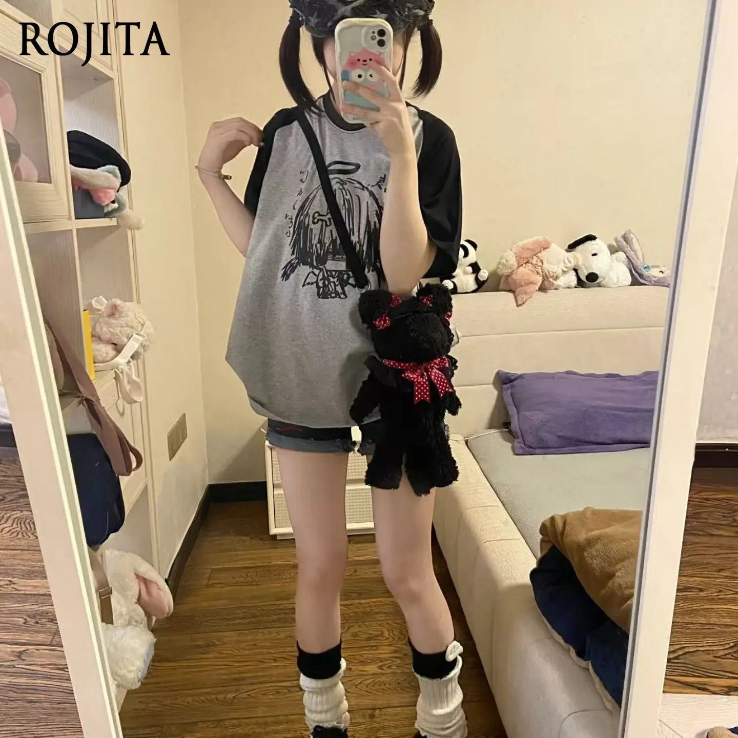 

Y2K Harajuku Two-Piece Outfit Anime Print Raglan T-Shirt + Ripped Denim Shorts Gothic Grunge Streetwear Japanese Hot Girl