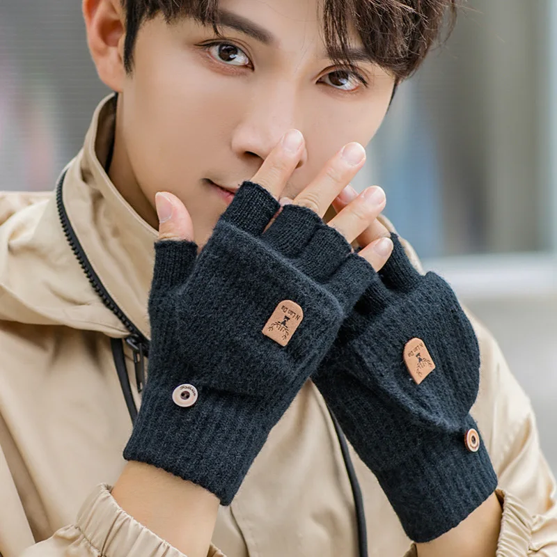 Men Autumn and Winter Half Finger Flip Up Gloves Knitted Wool Fingerless Student Writing Warm Office Korean Style Gloves