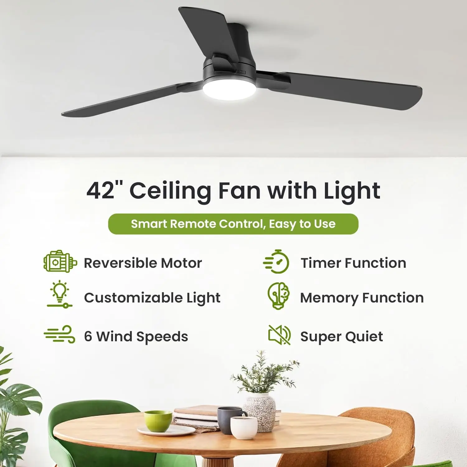 

Ceiling Fans with Lights and Remote: 42 Inch Modern Black Ceiling Fan, Low Profile Flush Mount, Quiet Reversible DC Motor & 3CCT