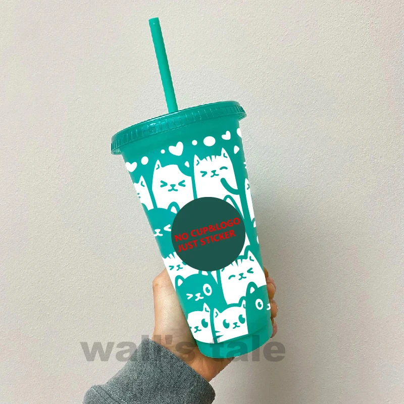 Cute Cat Vinyl Sticker 710ml Reusable Straw Cold Cup Decals Decor Waterproof Removable Decal Lovely Cat Stickers Gifts For Her