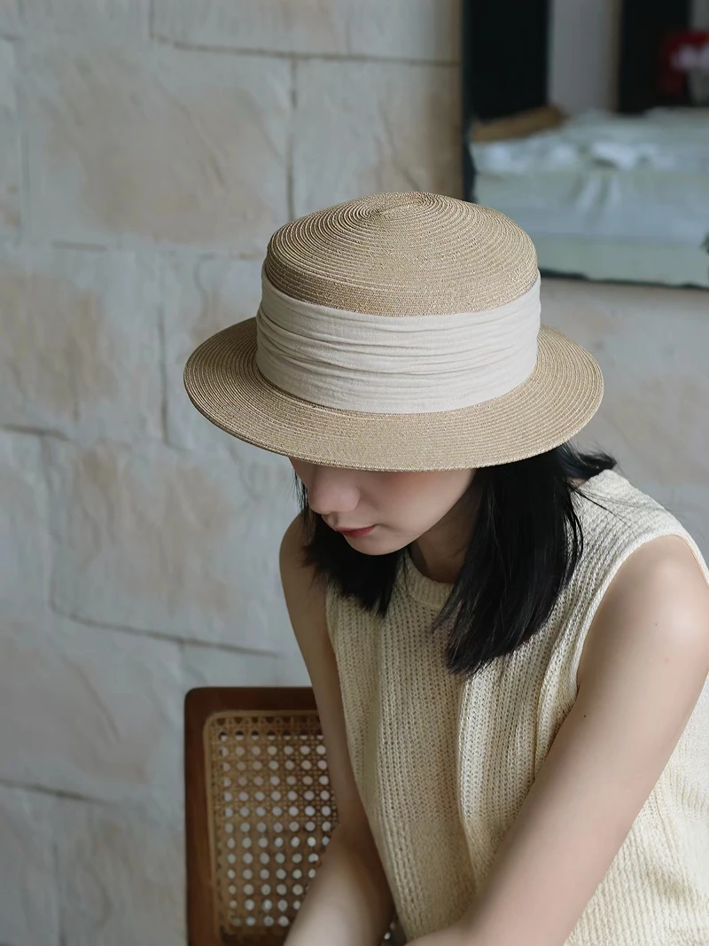 Lightweight Flat-Crown Straw Hat Women's Outdoor Travel Simple Breathable Versatile Paper Fiber Basket Weave Summer Cap
