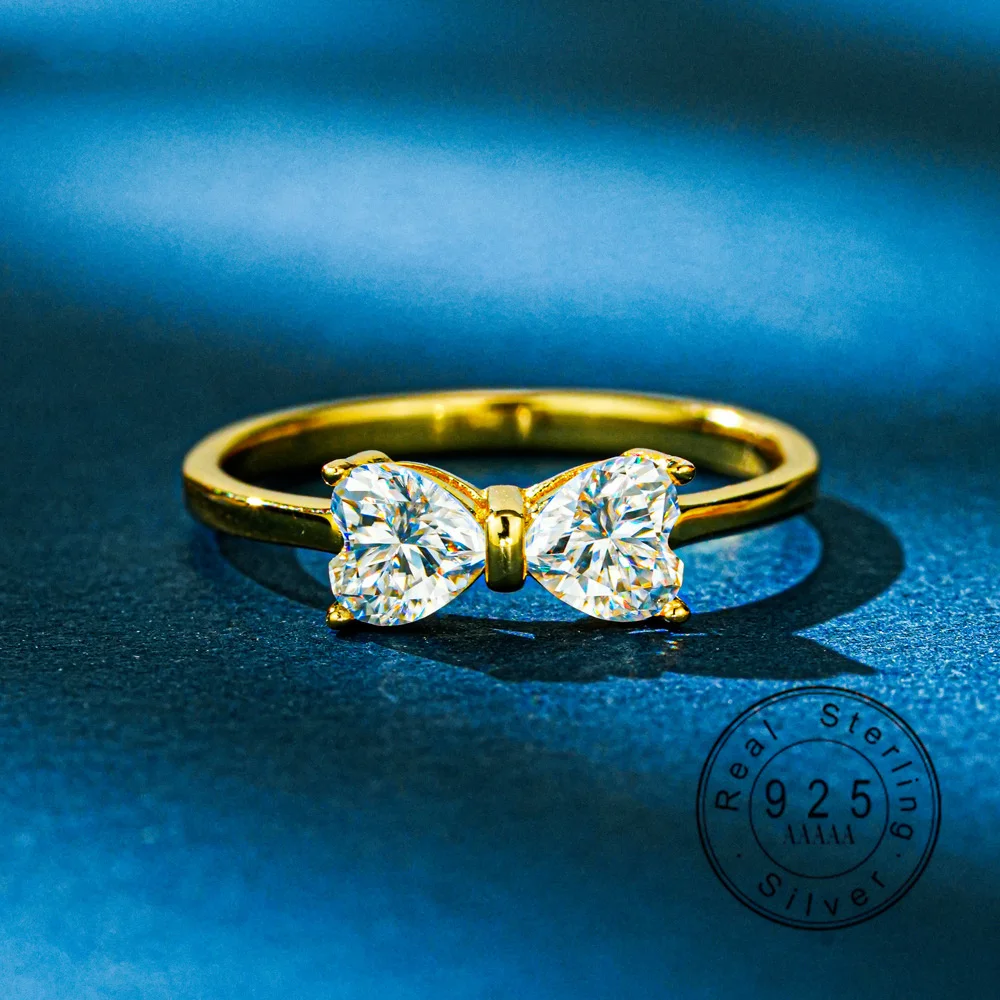 

925 Sterling Silver Bow Ring 0.5CT Heart Cut Moissanite Ring for Women Gold Plated Promise Wedding Band Fine Jewelry Gift