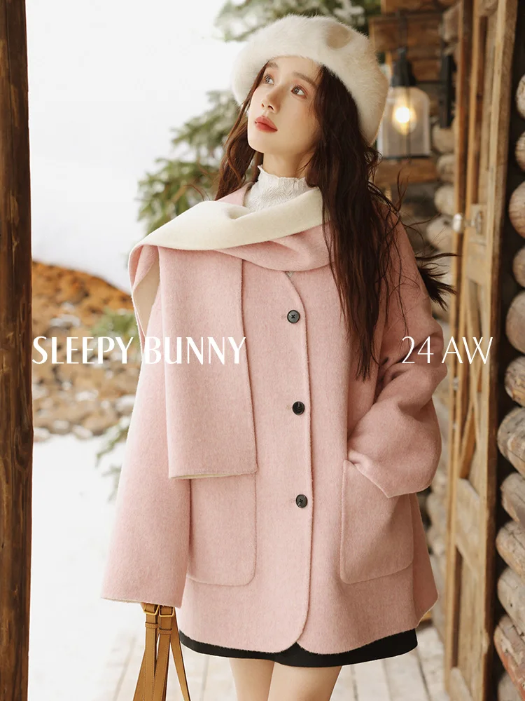 Elegant Wool Blend Coat Double-Faced Winter Jacket Women Loose Warm Casual Outerwear Chic Reversible Overcoat Petite Young Look