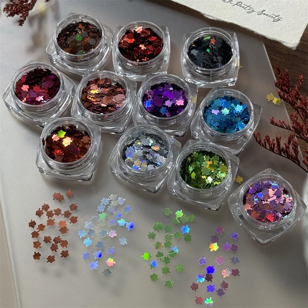 12PCS Maple Leaf Nail Sequins Chameleon Holographic Laser Fall Leaf Glitter Nail Flakes Autumn Manicure DIY Nail Art Salon Decor
