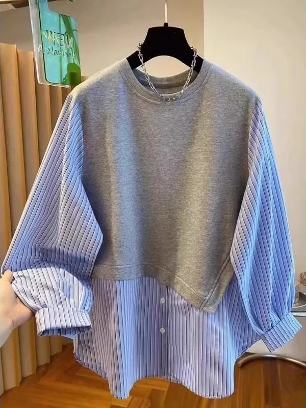 

plus Size Women's round Neck Shirt Striped Patchwork Slimming Sweatshirt Spring Season Breathable Comfortable Long Sleeve Shirt