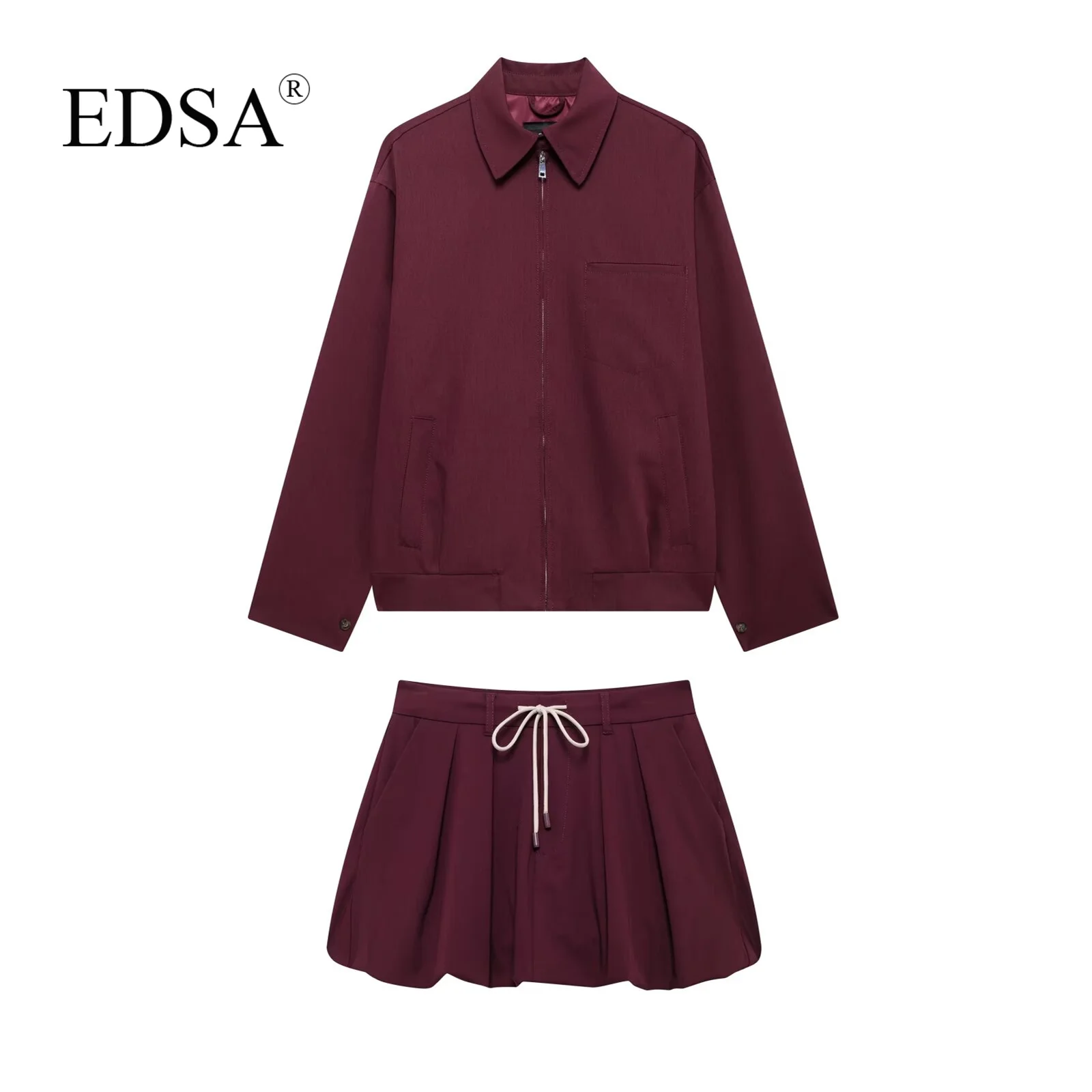 EDSA Women Wine 2 Pcs Skirt Set Turn-down Collar Long Sleeves Zipper Jacket & High Waist Pockets Lace-Up Mini Skirts Female Suit