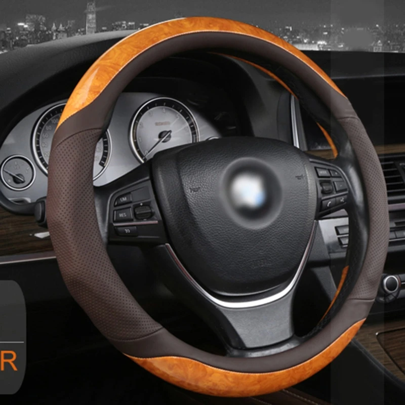 Non-Slip Elastic Car Steering Wheel Protector Wood Grain Covers Redefine Interior Style for 38cm Most for Cars