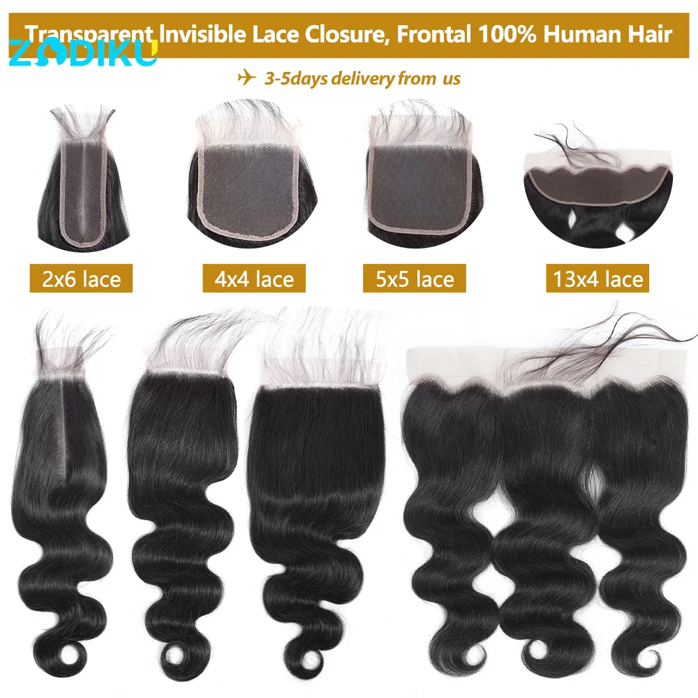 Rambut Manusia Brazilian 100% Berkualitas, Model Body Wave, Lace Frontal Transparan 13x4, Lace Closure HD 2x6, 4x4, 5x5