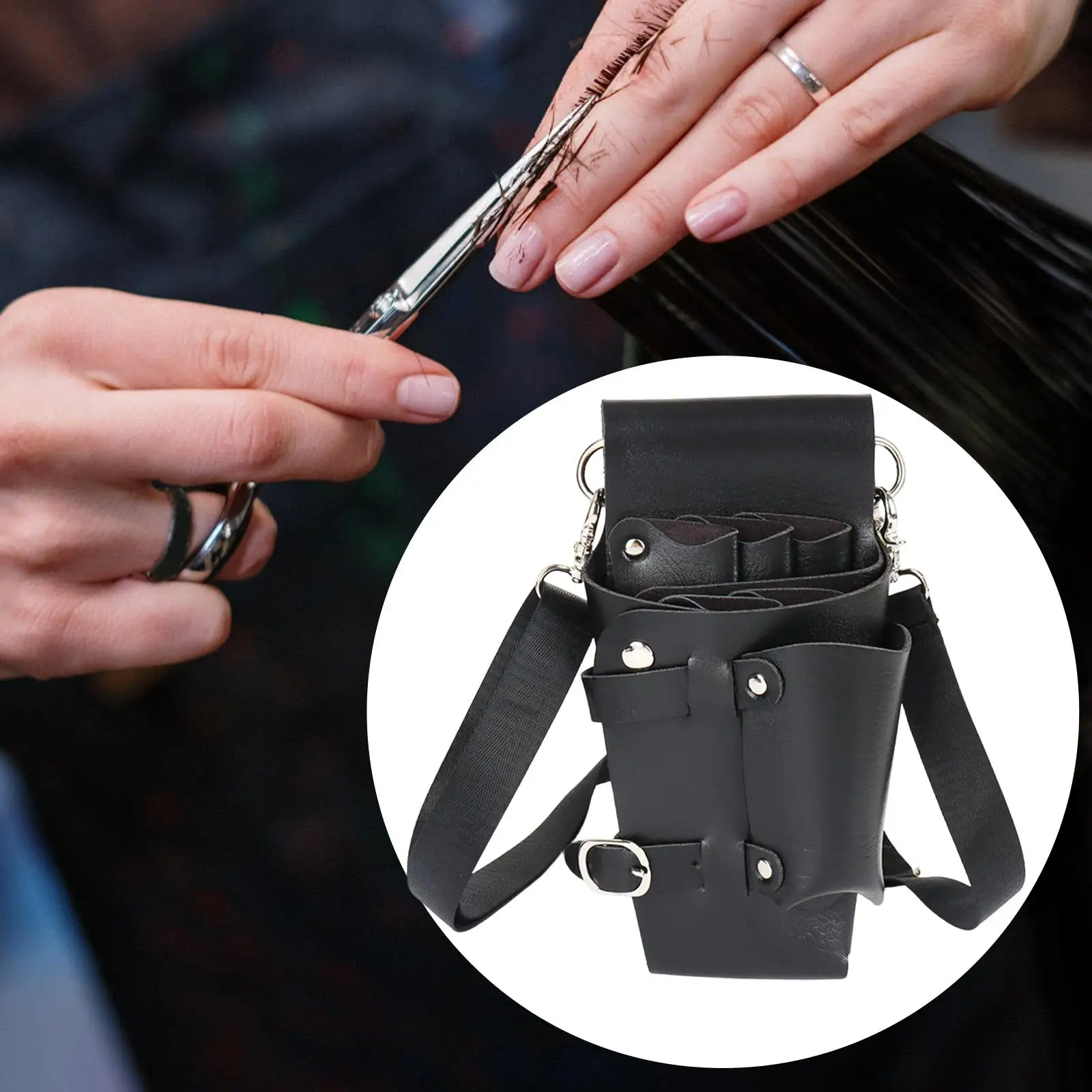 PU Leather Hairdresser Scissors Bag Black Storage Organizer with Strap for Salon Shears Clips and Styling Tools Lightweight