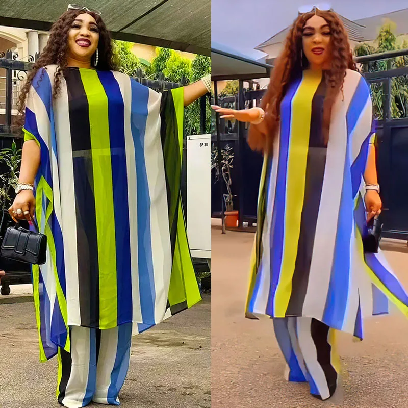 

2 Pieces Set African Dresses for Women Stripes Chiffon Loose Long Tops Pants Outfits Tracksuit Africa Dashiki Abaya Robe Gown