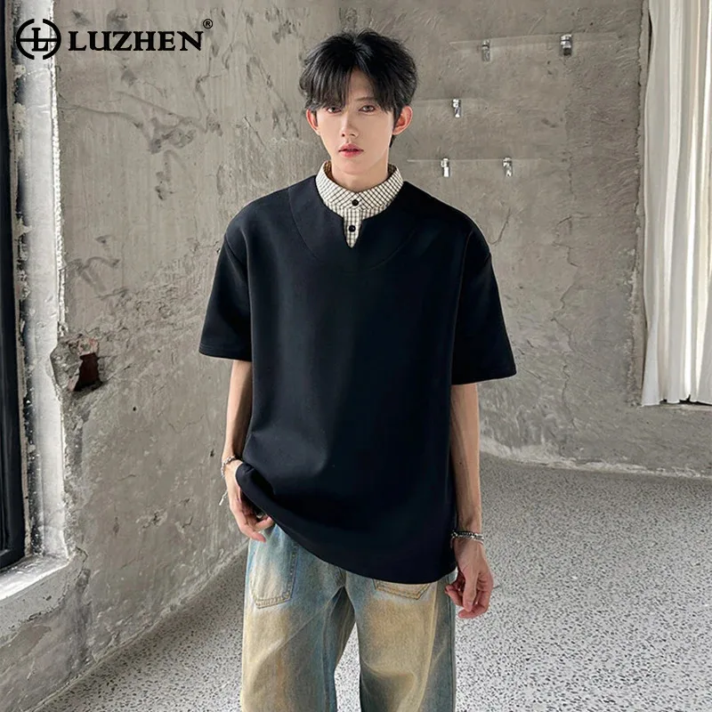 LUZHEN Summer Original Double Layer Neck Fake Two 2026 Piece Design Short Sleeve T-shirt Men's Fashion Korean Casual Tops JY8468