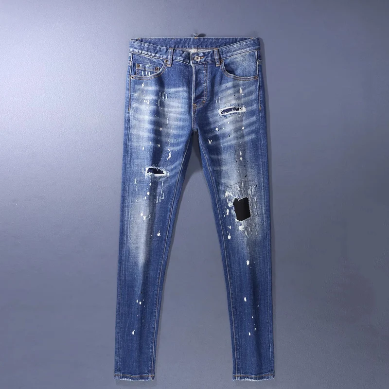 

Уличные дизайнерские модные мужские джинсы высокого качества в стиле ретро синие эластичные облегающие рваные джинсы с заплатками мужские брендовые винтажные джинсовые брюки