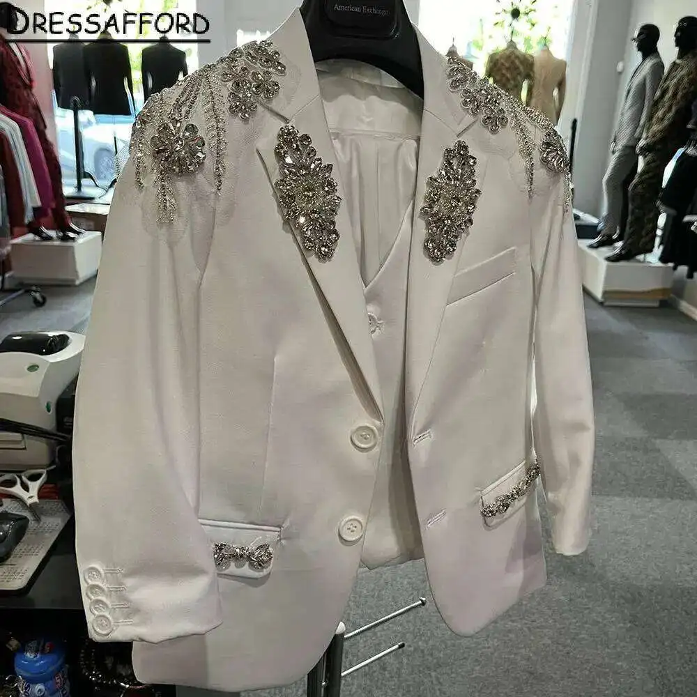 

White Men Suits Two Pieces Crystal Dias Evening Party Blazer Groom Wear Jacket + Pants