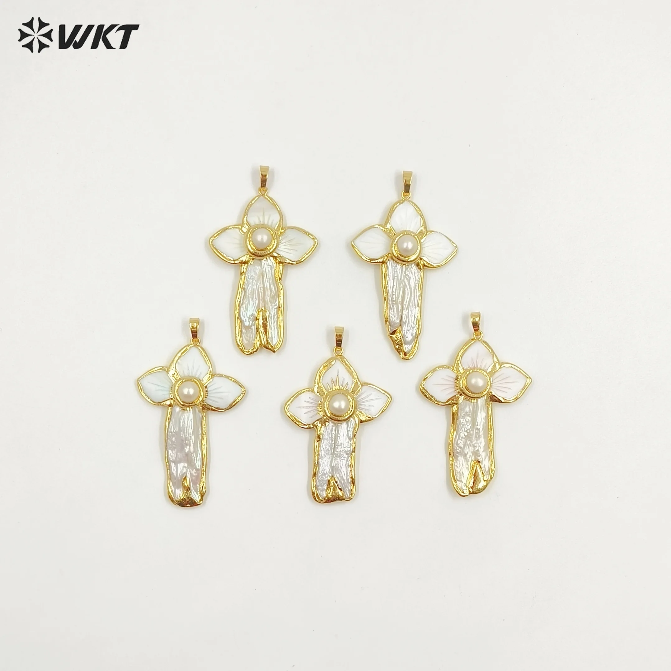

WT-JP416 Special Design Shell And Pearl Long Pendant In 18K Gold Plated Material Accessory For Necklace Making