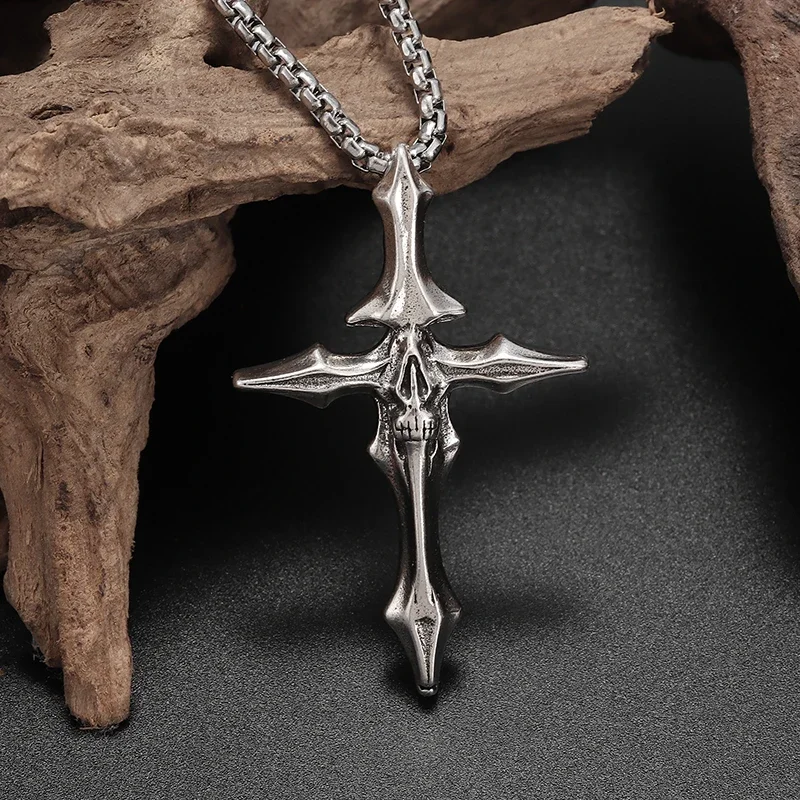 Gothic Skull Grimace Cross Pendant Necklace for Men Personality Punk Christian Exorcism Jewelry
