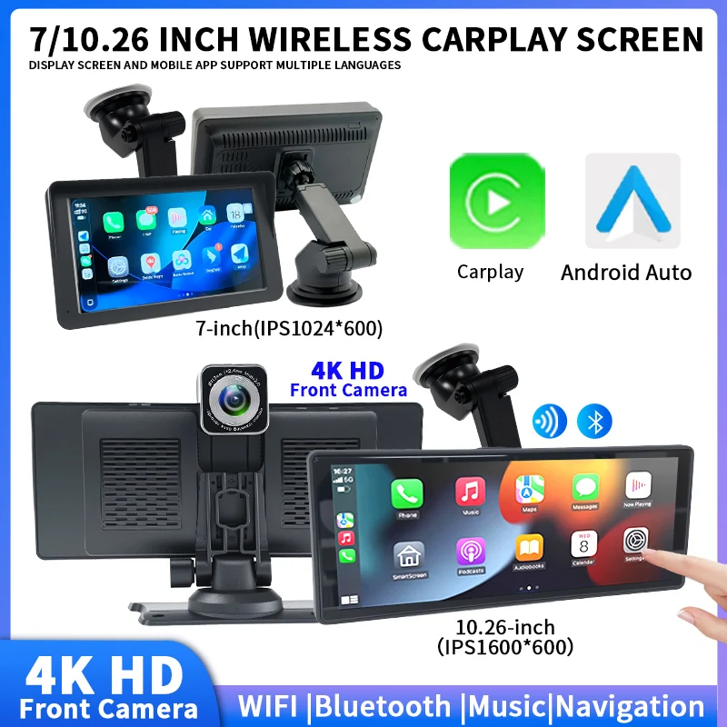 7/10.26 inch Wireless Carplay Screen 4KHD Front Camera Portable Android Car Radio Multimedia Video Player Universal Car Screen