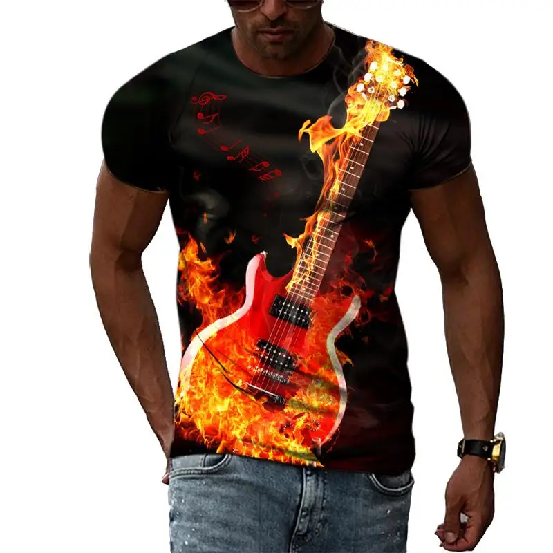 Letnia moda gitara obraz koszulki dla mężczyzn Casual 3D Print koszulki Hip Hop osobowość wokół szyi z krótkim rękawem topy