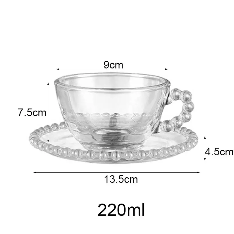 French Style Transparent Glass Coffee Mug Saucer Set Vintage Coffee Cup With Bead Handle Afternoon Tea Cup Drinkware Gift 220ml