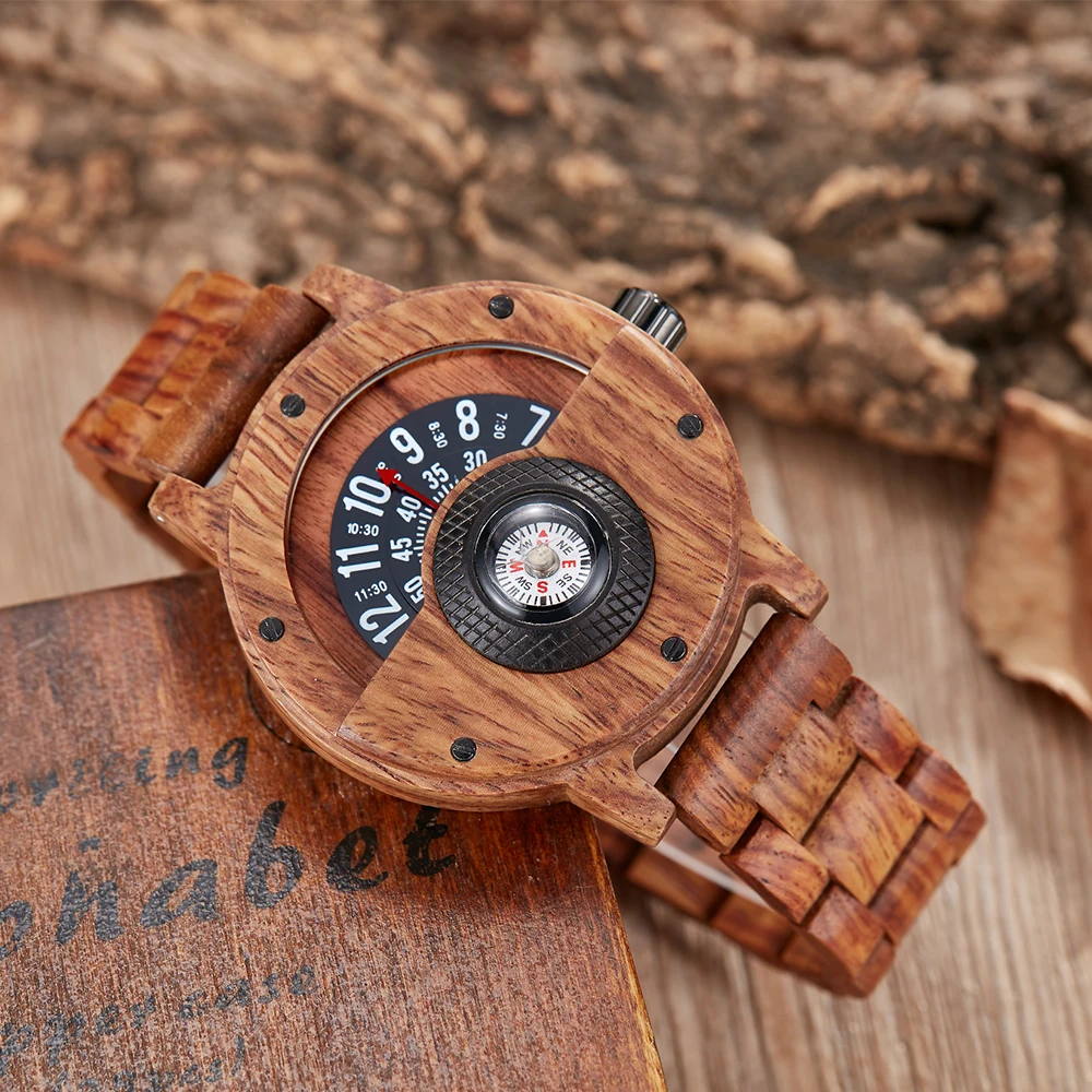 

Turntable Compass Creative Wood Watch Men Dial Real Walnut Ebony Bamboo Wooden Watches Man Male Brown Black Clock Wrist Reloj