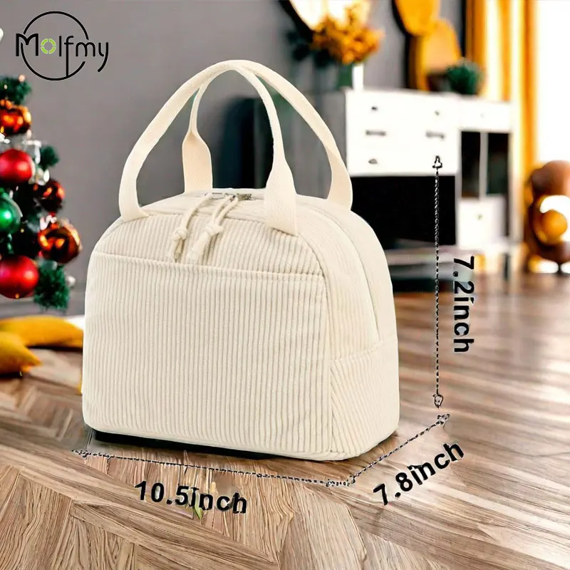 Corduroy Lunch Bag Thermal Insulation Lunch Box Storage Handbag Multifunctional Kid School Cooler Bag Picnic FoodPouch Loncheras