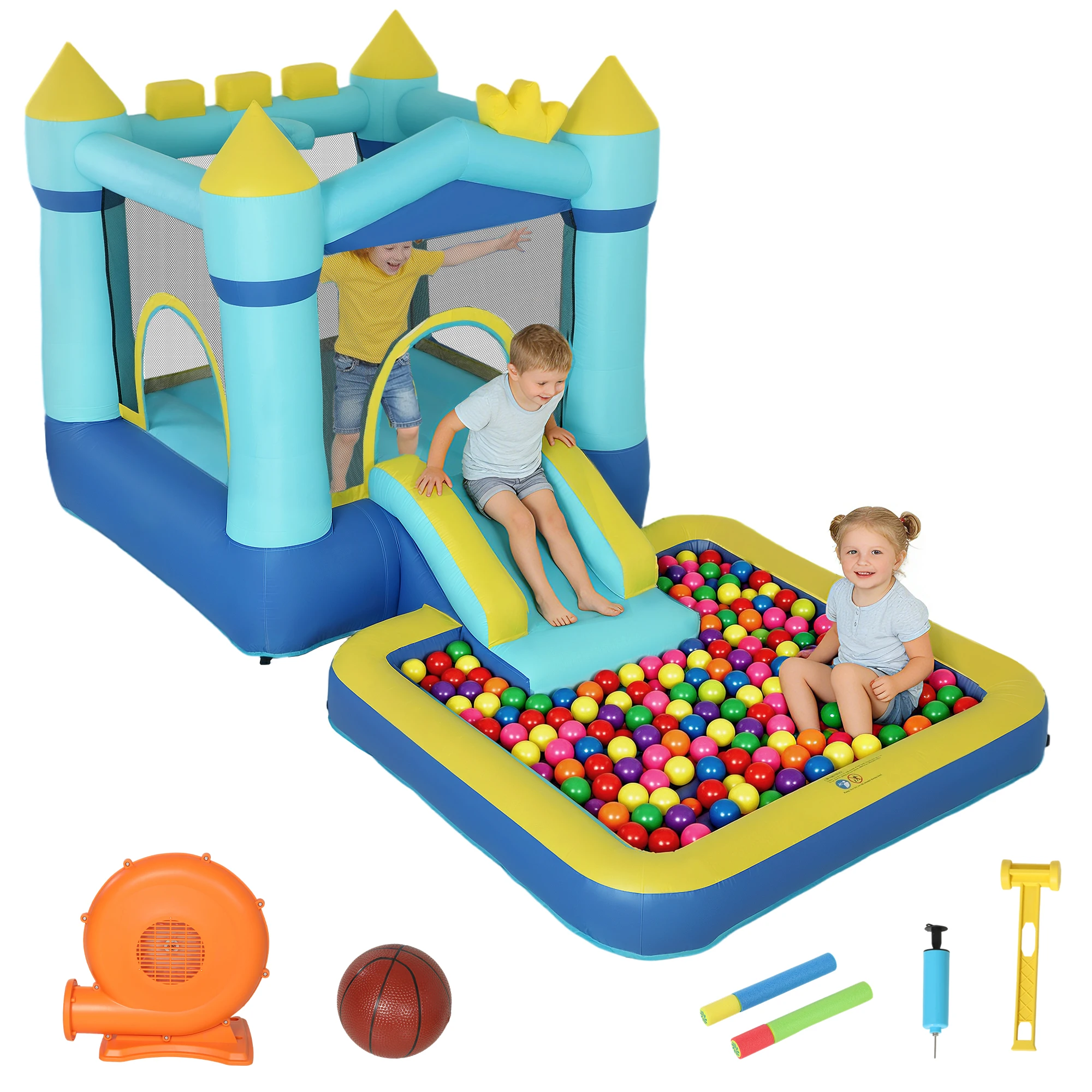 AIYAPLAY Castillo Hinchable para Niños con Soplador Tobogán Cama Elástica Piscina y Aro de Baloncesto para Niños 3-8 Años Azul