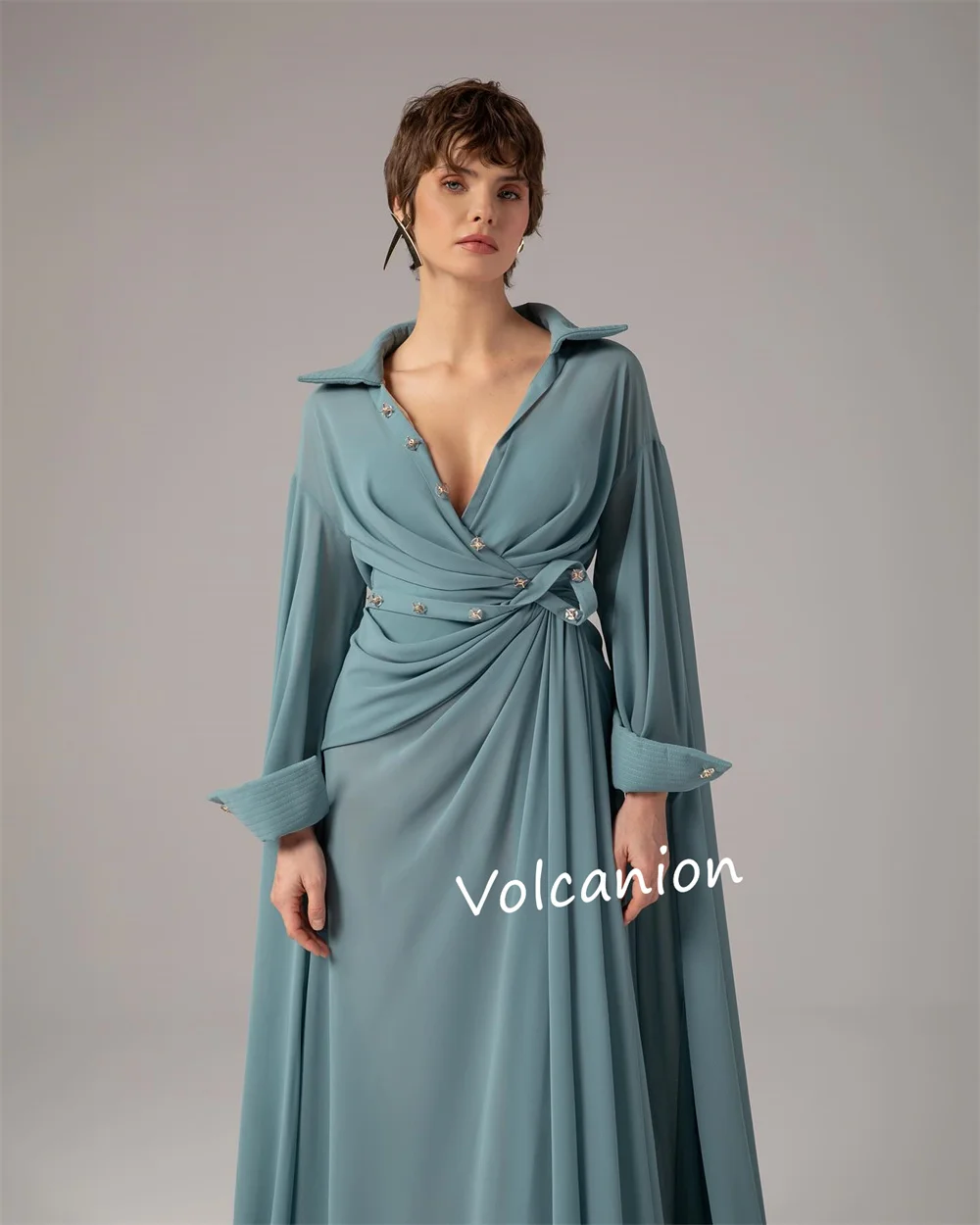 Customized Chiffon Button Pleat A-line V-neck Long Dresses Bespoke Occasion Evening Unisex Exquisite Modern Style