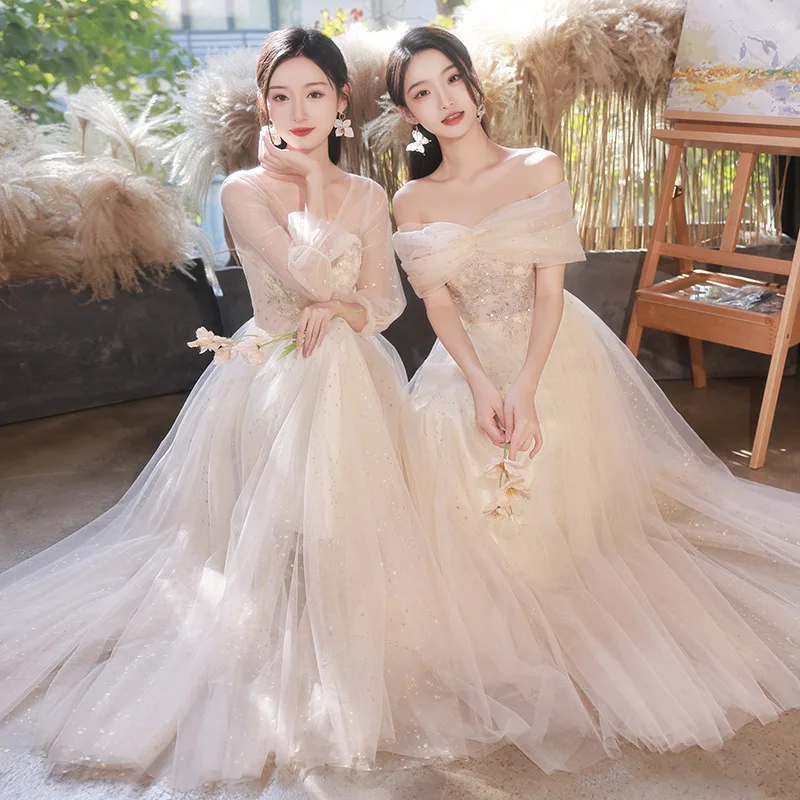 

4-х стилей, платье подружки невесты цвета шампанского, женское элегантное тюлевое платье с блестками и квадратным воротником, аппликация, платье Quinceanera с открытыми плечами, Vestido