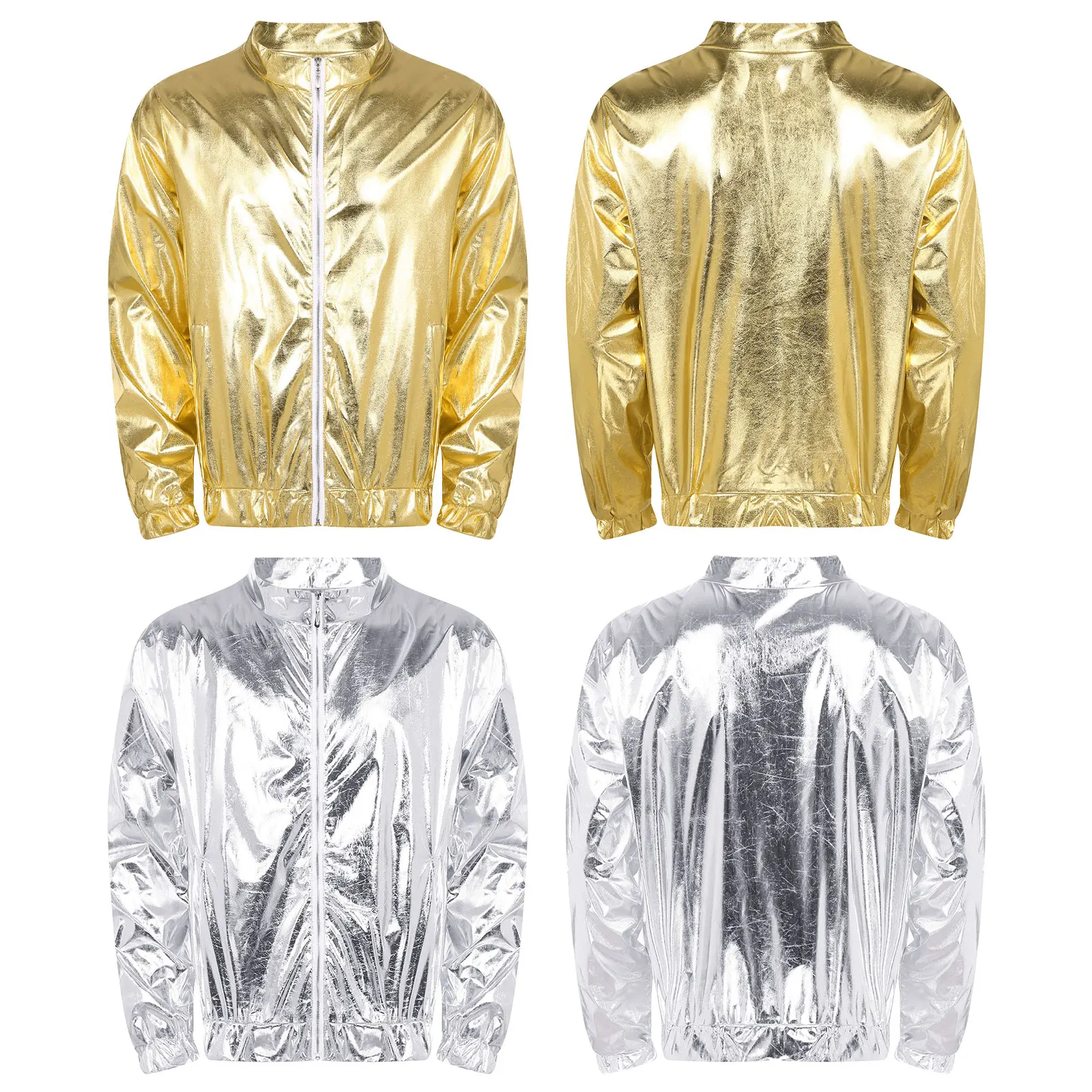 Shiny Men Metallic Long Sleeve Jacket Stage Performance Disco Dance Zipper Sweatshirt Outwear for Music Festival Club Party Wear